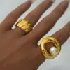 Ion Plating (IP) Real Gold Plated 18K Solid Color 304 Stainless Steel Imitation Pearl Elegant Retro Simple Style Waterproof Non Tarnish Open Rings