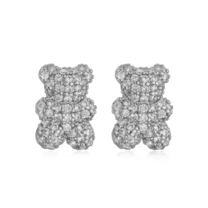 White Gold Color White Diamond Bear Ear Studs 1 Pair