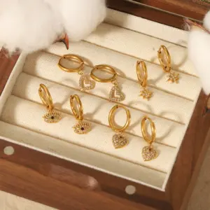 Wholesale PVD Coated Real Gold Plated Hexagram Heart Shape Eye 304 Stainless Steel Streetwear Waterproof Non Tarnish Drop Earrings