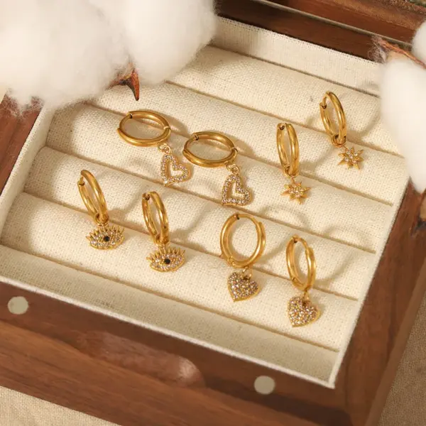 Wholesale PVD Coated Real Gold Plated Hexagram Heart Shape Eye 304 Stainless Steel Streetwear Waterproof Non Tarnish Drop Earrings