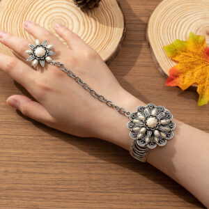 Wholesale Cross-border European and American fashion retro new open bohemian marquise turquoise bracelet chain ring