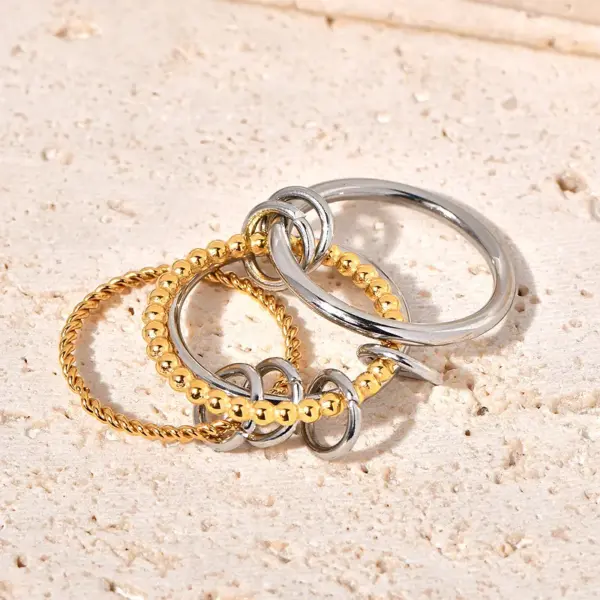 304 Stainless Steel Titanium Steel Twist PVD Coated Real Gold Plated 18K Gold Artistic Waterproof Non Tarnish Gold Silver Rings