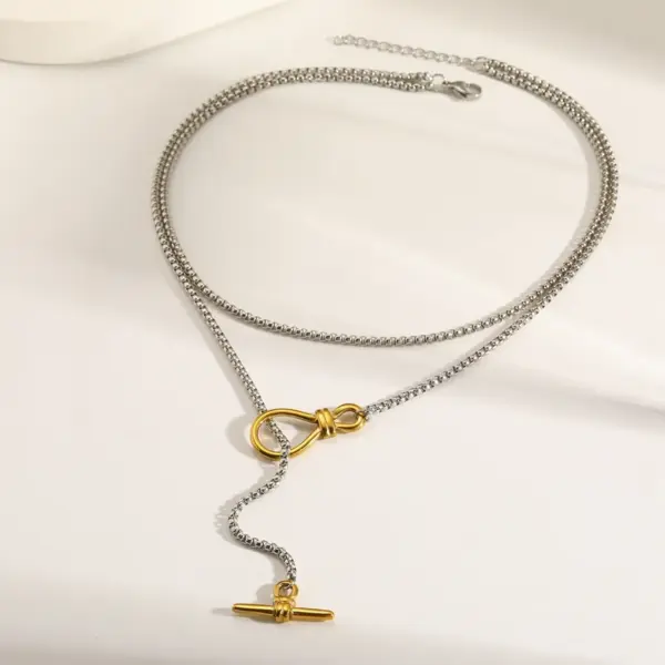 18K Gold Plated 201 Stainless Steel Vacuum Electroplating (In Furnace) Irregular Mixed Color (Jewelry Metal Contrast Color) Box Chain/Square Pearl Chain Double Layer Necklace For Women