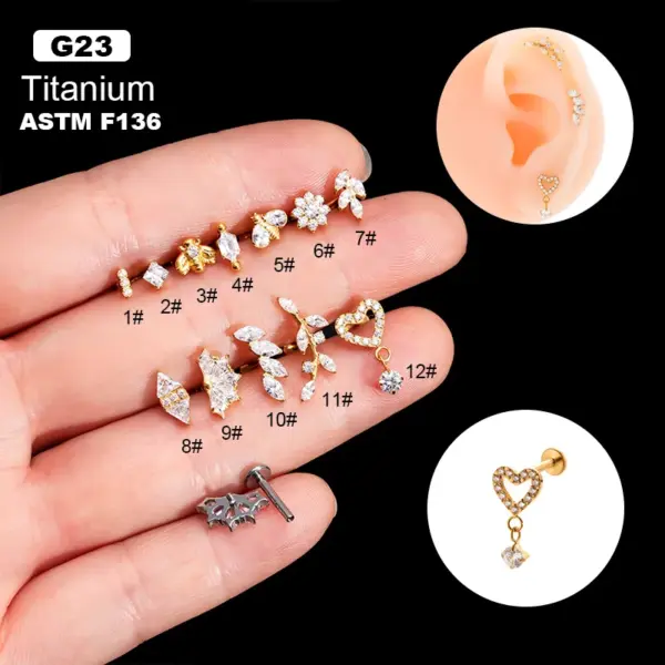 1 Piece Ear Cartilage Rings & Studs IG Style Vintage Style Leaves Heart Shape Bee Pure Titanium Plating Inlay Zircon