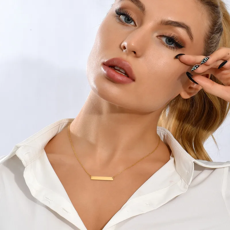 Wholesale Jewelry Simple Style Customization Laser Engraving Rectangle 201 Stainless Steel 18K Gold Plated Plating Necklace