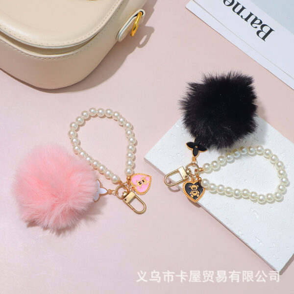 Wholesale Cute fur ball pearl bear tag bag pendant plush key chain phone earphone set car fur pendant