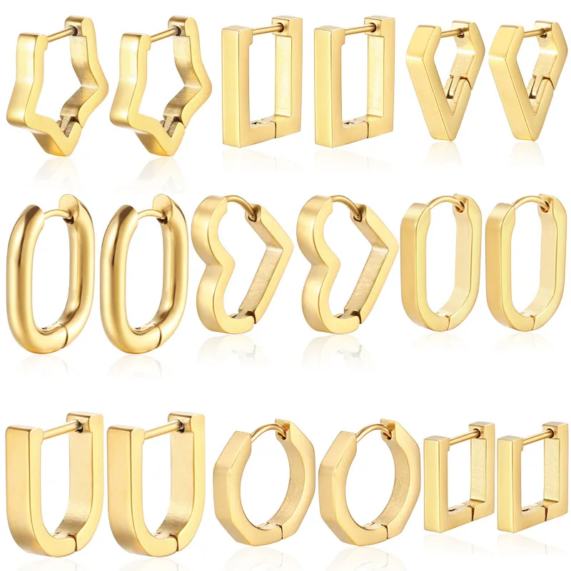 Wholesale PVD Coated 18K Gold Real Gold Plated Square Star Heart Shape 201 Stainless Steel Fashion Waterproof Non Tarnish Earrings