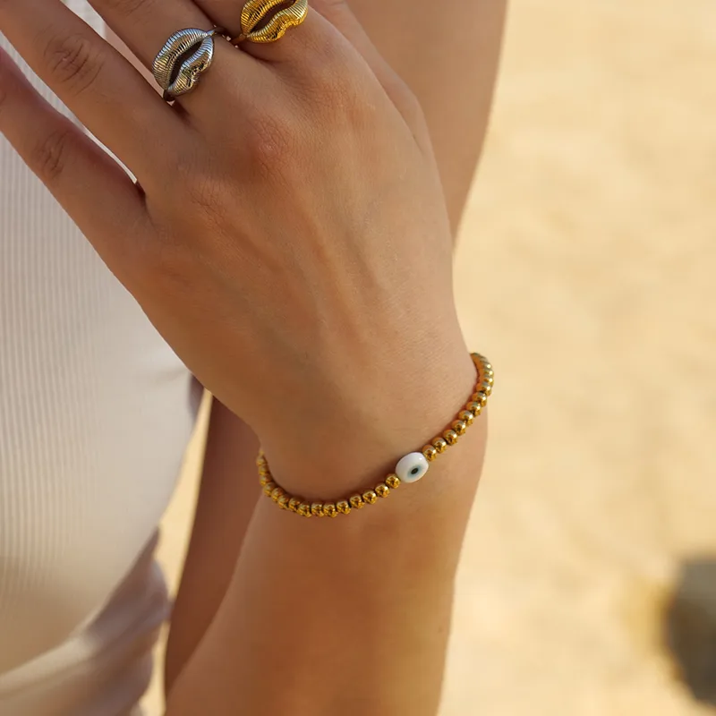 Wholesale 304 Stainless Steel Devil'S Eye PVD Coated 18K Gold Plated Simple Style Beaded Plating Gold Bracelets