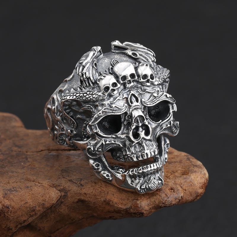Wholesale Retro Thai sier exaerated domineering skull finger ring Thai sier men's opening adjustment ring personality pular