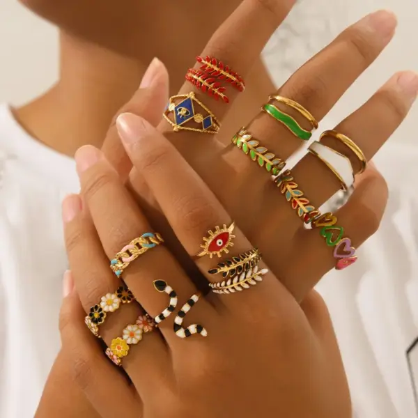 Wholesale Jewelry Retro Eye Flower Snake 304 Stainless Steel 18K Gold Plated Enamel Open Rings