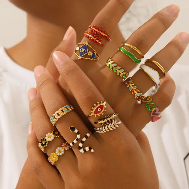 Wholesale Jewelry Retro Eye Flower Snake 304 Stainless Steel 18K Gold Plated Enamel Open Rings
