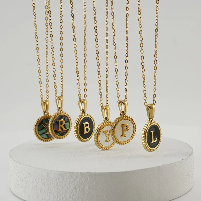 Wholesale Simple Style Round Letter Stainless Steel Inlay Shell Pendant Necklace