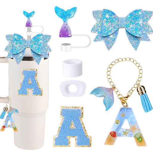Wholesale Stanley Cup Accessories Dovetail Bow Decoration Color Sequins Resin Pendant Flower Straw Cap Letter Cup Sticker