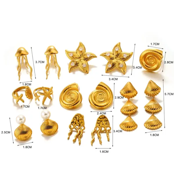 PVD Coated 18K Gold Plated Starfish Shell 304 Stainless Steel Casual Beach Waterproof Non Tarnish Rings Earrings