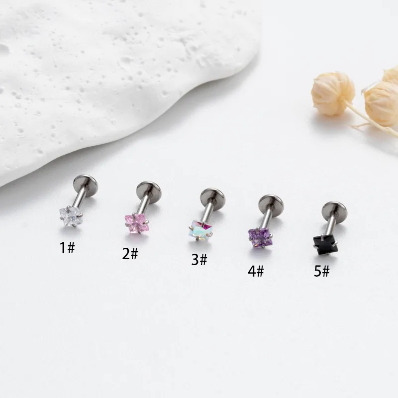 Wholesale 1 Piece 316L Stainless Steel Zircon Ear Cartilage Rings & Studs Square Waterproof Non Tarnish Surgical Steel Unisex