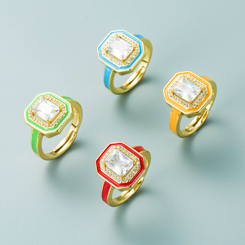 Wholesale European and American cross-border fashion color oil op copper degree gold inlaid zircon geometric square ring temperament open finger ring