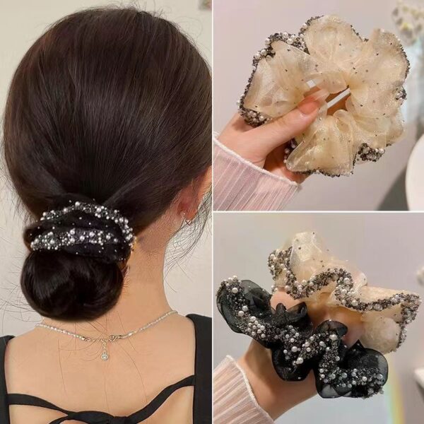 Wholesale Light luxury oversized organza large intestine hair ring full diamond ball head elegant leather cover head rope high-grade hair ring hair accessories
