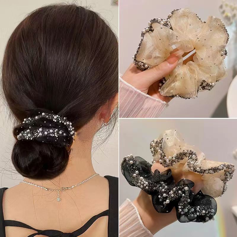 Wholesale Light luxury oversized organza large intestine hair ring full diamond ball head elegant leather cover head rope high-grade hair ring hair ae