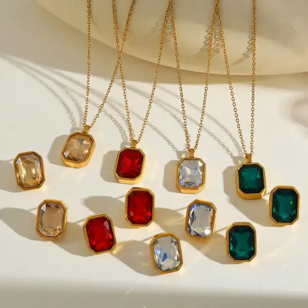 18K Gold Plated Stainless Steel Rectangle Pendant Necklace And Earrings With Embedded Zirconia For Women Casual Artistic Design