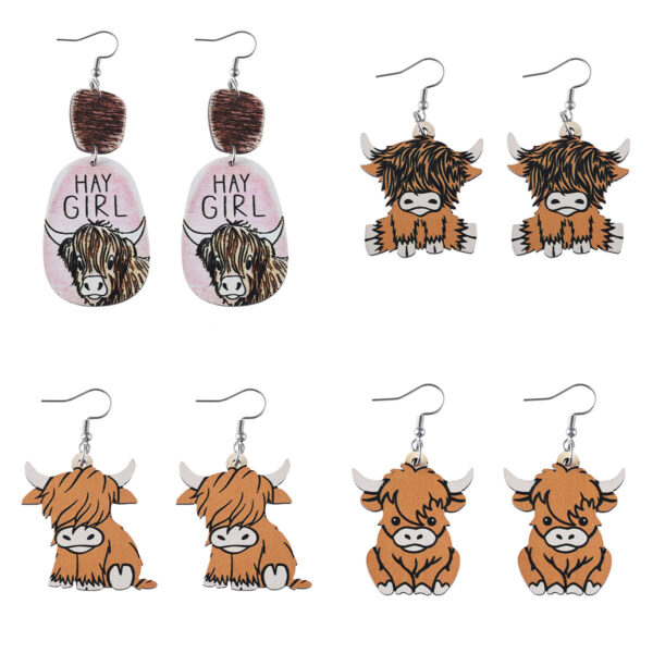 Wholesale Cross-border western style retro HAY GIRL cow head alpine cow personality pendant earrings double-sided wooden earrings gift