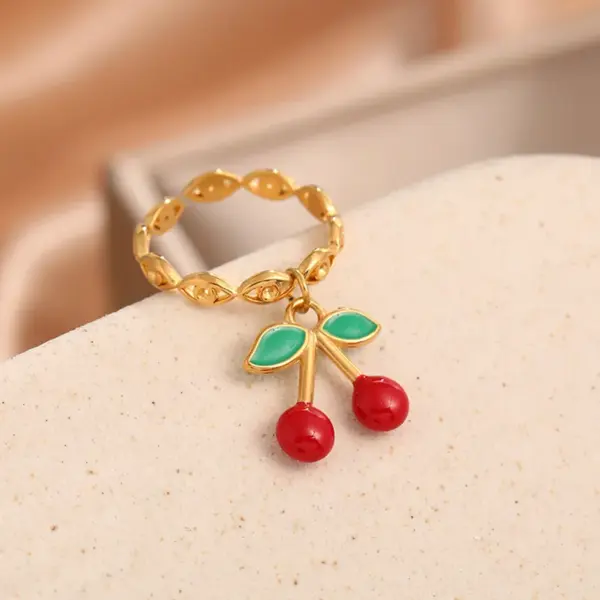 Ion Plating (IP) 18K Gold Plated Cherry 304 Stainless Steel Elegant Cute Luxurious Waterproof Non Tarnish Open Rings