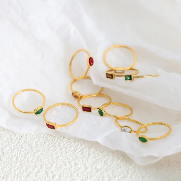 Wholesale 304 Stainless Steel Square Oval PVD Coated Glass Stone Zircon 18K Real Gold Plated Real Gold Plated Simple Style Waterproof Non Tarnish Plating Inlay Gold Rings