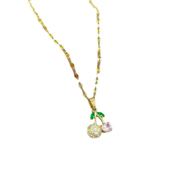 Wholesale Sweet Cherry Titanium Steel Copper Plating Inlay Rhinestones Pendant Necklace