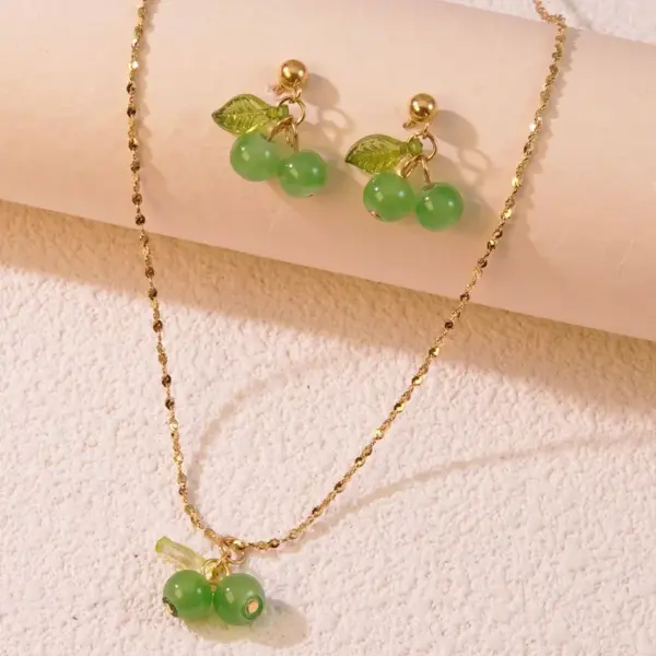 Wholesale 304 Stainless Steel Plastic Cherry Fruit Ion Plating (IP) 18K Gold Plated Cute Sweet Waterproof Non Tarnish Plating O-shaped Chain Box Chain Gold Earrings Necklace Jewelry Set