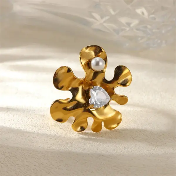 Wholesale PVD Coated Real Gold Plated Heart Shape Flower 304 Stainless Steel Imitation Pearl Elegant Classical Romantic Waterproof Non Tarnish Open Rings Rings
