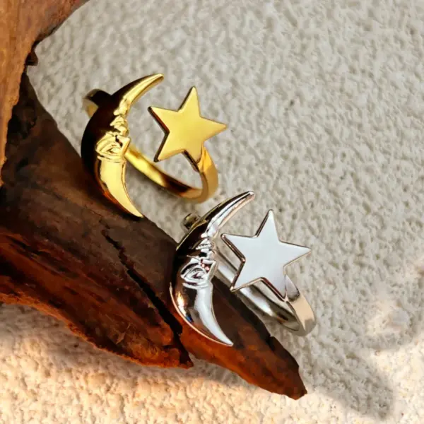 Wholesale PVD Coated Real Gold Plated 18K Gold Star Moon 304 Stainless Steel Casual Retro Waterproof Non Tarnish Open Rings