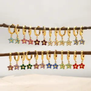 Wholesale Ion Plating (IP) 18K Gold Plated Flower 304 Stainless Steel Elegant Waterproof Non Tarnish Charm Sleeper Hoop Earrings Drop Earrings