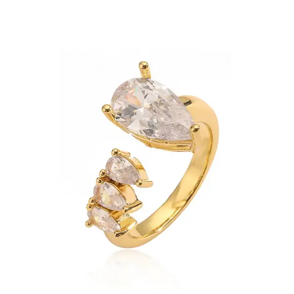 Wholesale Elegant Luxurious Shiny V Shape Copper Plating Inlay Zircon 18k Gold Plated Open Rings