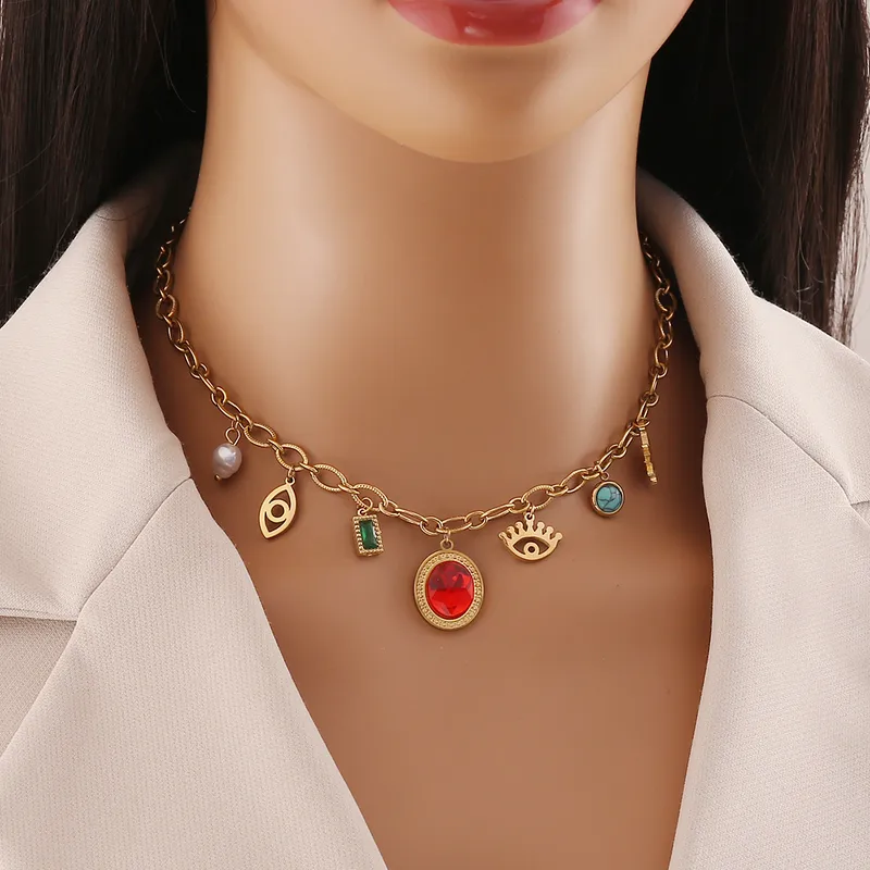 Wholesale PVD Coated 18K Gold Real Gold Plated Eye 304 Stainless Steel Elegant Glam Waterproof Non Tarnish 304 Stainless Steel Necklace