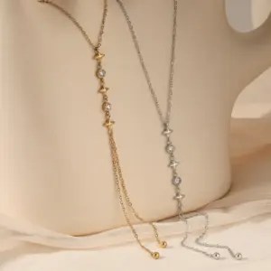 304 Stainless Steel Round Star Lines PVD Coated Zircon Real Gold Plated Necklace