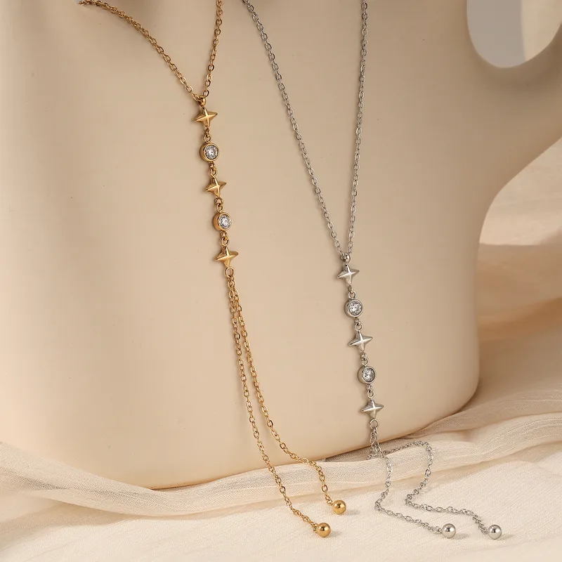 Wholesale 304 Stainless Steel Round Star Lines PVD Coated Zircon Real Gold Plated Necklace