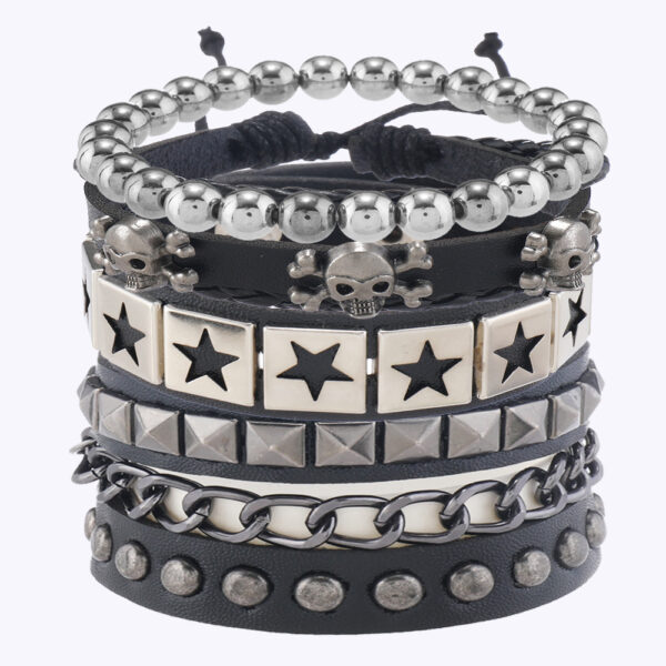 Wholesale Multi-layer wide leather bracelet alloy skull five-pointed star 4-piece set