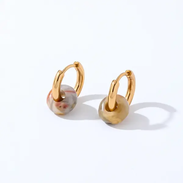 Wholesale PVD Coated K Gold Plated Round 304 Stainless Steel Natural Stone Retro Simple Style Waterproof Non Tarnish Hoop Earrings