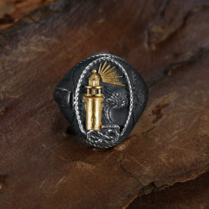 Wholesale European and American New Cross-Border Retro Ocean Series New Steel Color Lighthouse Ring Men's Ring Punk Titanium Steel Ring