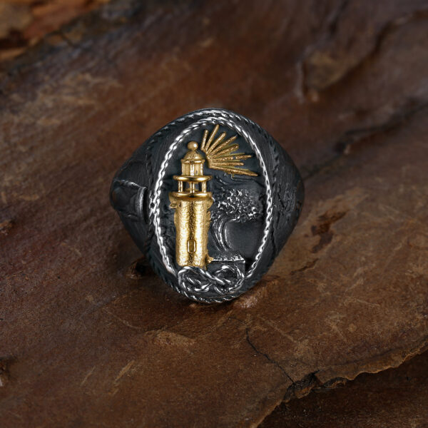 Wholesale European and American New Cross-Border Retro Ocean Series New Steel Color Lighthouse Ring Men's Ring Punk Titanium Steel Ring