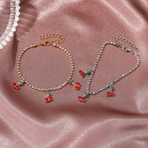 Wholesale Cross-border New Rhinestone Cherry Anklet Women Beach Casual Fruit Pendant Anklet ins Hot Sale Tennis Chain Anklet