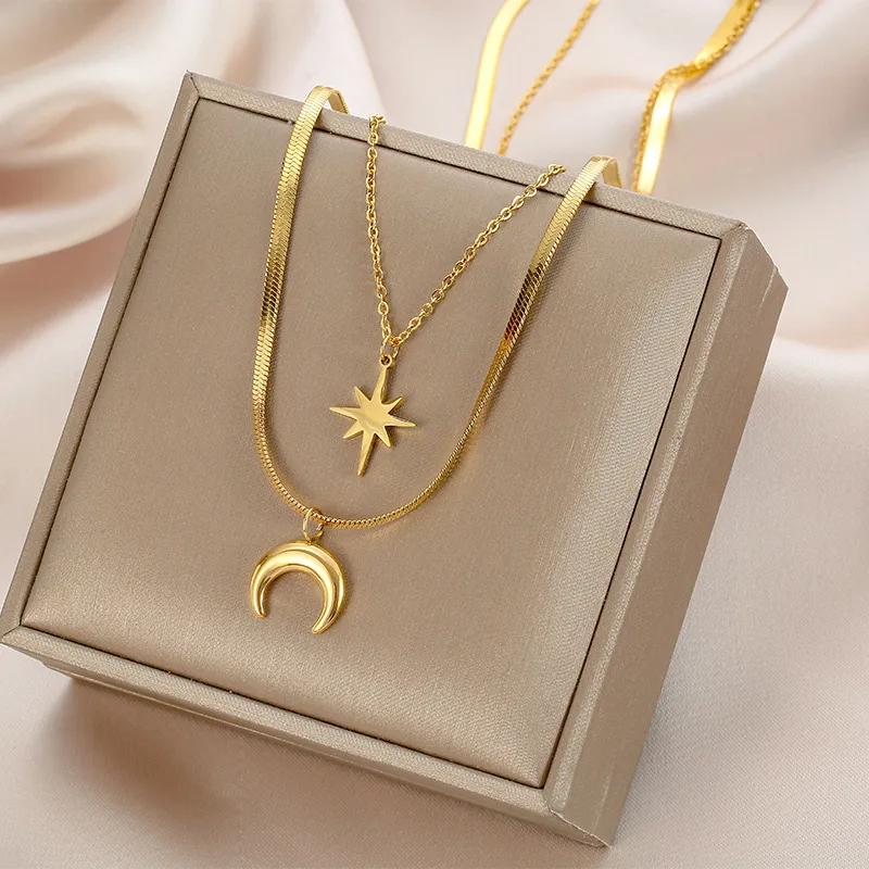 Wholesale Jewelry Elegant Simple Style Hexagram Moon Titanium Steel Double Layer Necklaces