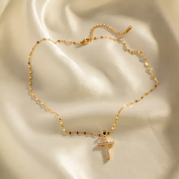 304 Stainless Steel Cross PVD Coated Zircon 18K Gold Plated INS Style Plating Inlay Gold Pendant Necklace