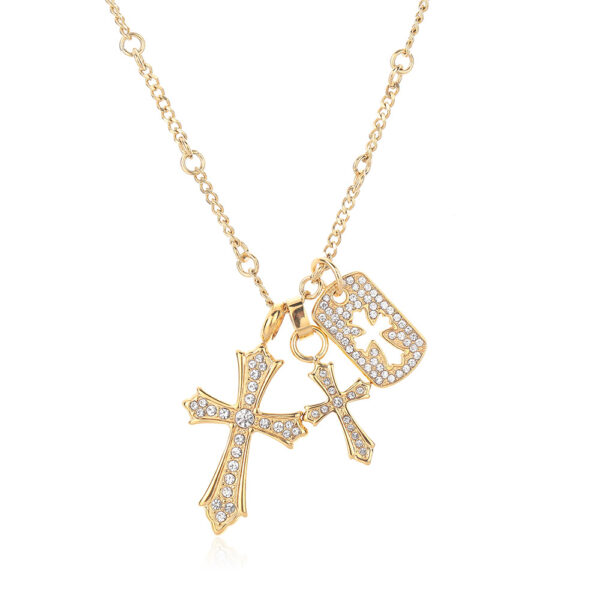 Wholesale Cross-border New Cross Full Diamond Titanium Steel Necklace Men's All-match High-end Sense Woolen Chain Fade-free Jewelry Necklace Women