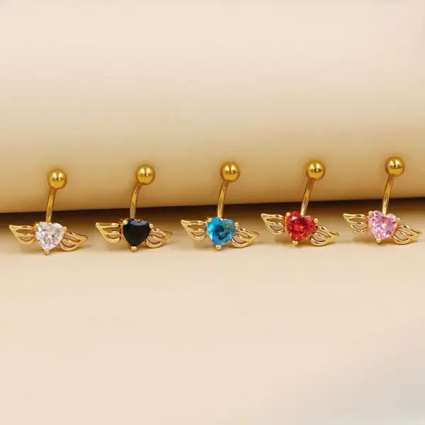 Wholesale 1 Piece Belly Rings Casual Simple Style Heart Shape Wings 316L Stainless Steel Alloy Waterproof Non Tarnish Surgical Steel Zircon Plated Gold Plated Silver Plated