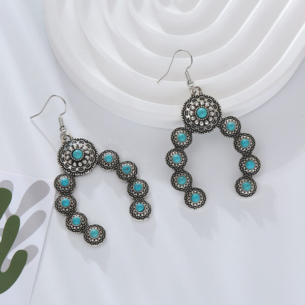 Wholesale Cross-border Amazon independent station hot selling earrings European and American retro alloy inlaid turquoise creative exaggerated temperament earrings