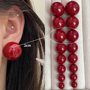 4163-2.0cm Red Bead Stud Earrings
