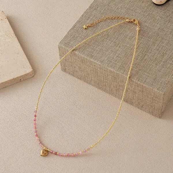 Wholesale 18K Gold Plated Brass Water Plated Heart-Shaped Beads Handmade Miyuki Beads Beaded Chain Natural Stone Necklace For Women Ultra-Fine Chain