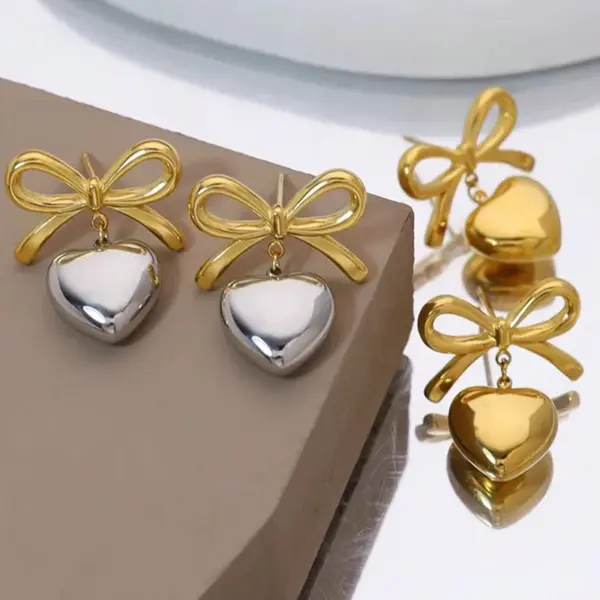 Wholesale Ion Plating (IP) 18K Gold Plated Heart Shape Bow Knot 304 Stainless Steel Elegant Glam Classic Style Waterproof Non Tarnish Drop Earrings