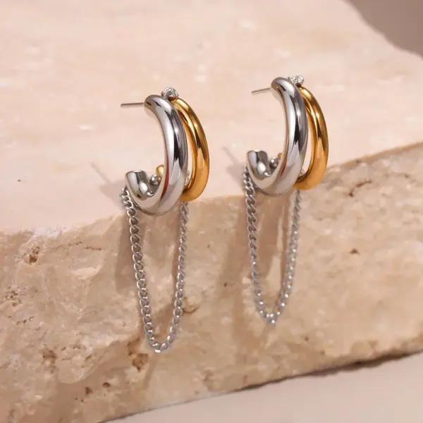 Wholesale Color Block Tassel Long Earrings 304 Stainless Steel Earrings Wind Ear Jewelry Plated 18K Real Gold Vacuum Electroplating