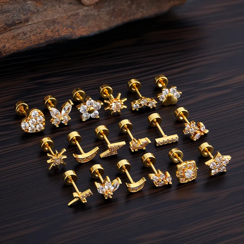 Wholesale Exquisite Micro Pave Zirconia Stud Earrings Gold Plated Fashion Punk Style Unisex Animal Zodiac Heart Bowknot Hip Hop Street Style High Stre